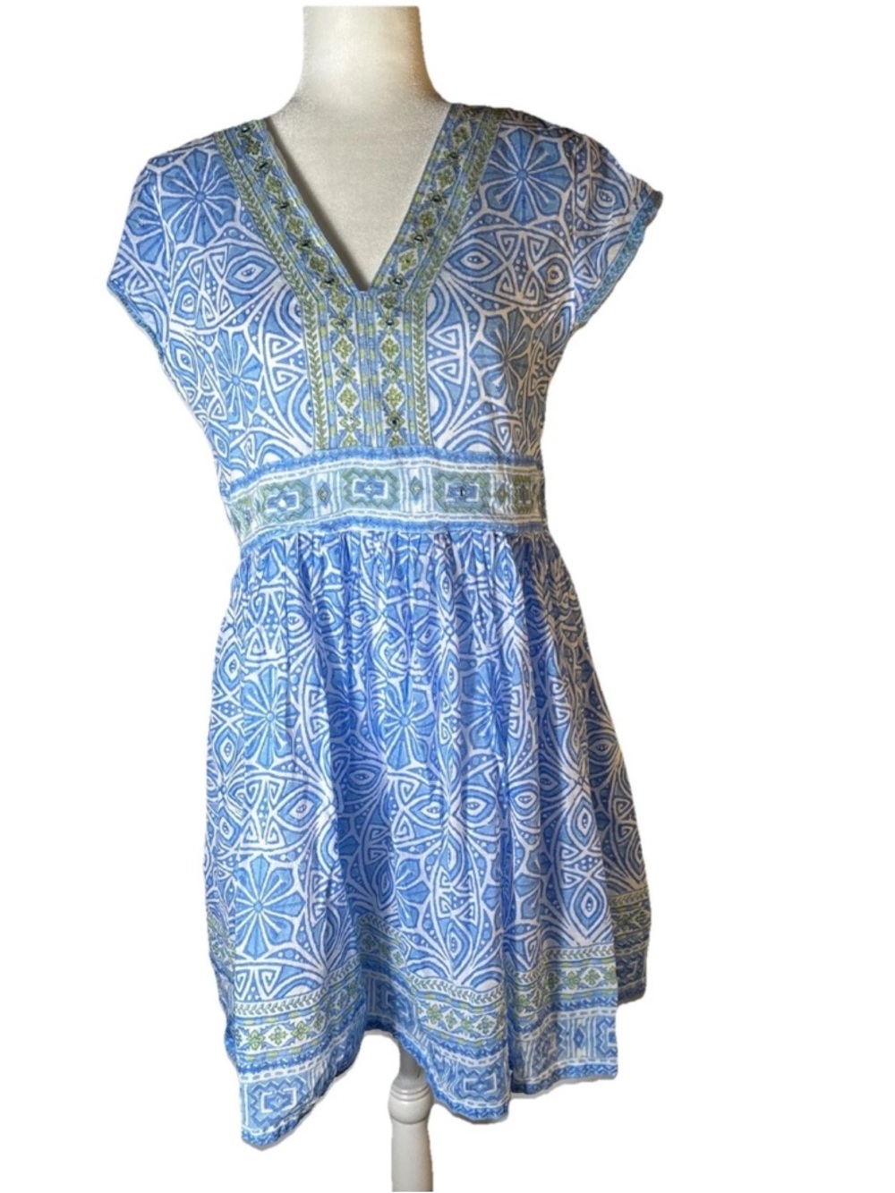 Bella Tu Blue Printed V-Neck Cap Sleeve Dress - M - Picture 2 of 7